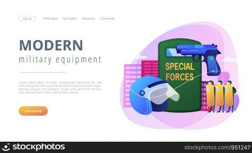 Tiny people special military unit with equipment conducts operation. Special military forces, special operations, modern military equipment concept. Website vibrant violet landing web page template.. Special military forces concept landing page.