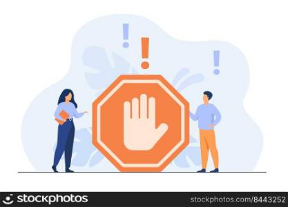Tiny people standing near prohibited gesture isolated flat vector illustration. Cartoon symbolic warning, danger or safety caution information. Forbidden entry or restricted area concept