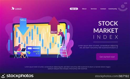 Tiny people stock traders at laptop with graph chart buy and sell shares. Stock market index, stockbroking company, stock exchange data concept. Website vibrant violet landing web page template.. Stock market concept landing page.