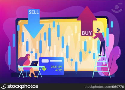 Tiny people stock traders at laptop with graph chart buy and sell shares. Stock market index, stockbroking company, stock exchange data concept. Bright vibrant violet vector isolated illustration. Stock market concept vector illustration.