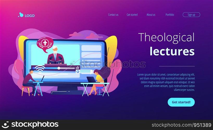 Tiny people, students listening to religious lecture online. Theological lectures, online religious lectures, religious studies course concept. Website vibrant violet landing web page template.. Theological lectures concept landing page.