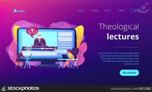 Tiny people, students listening to religious lecture online. Theological lectures, online religious lectures, religious studies course concept. Website vibrant violet landing web page template.. Theological lectures concept landing page.