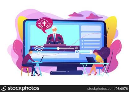 Tiny people, students listening to religious lecture online. Theological lectures, online religious lectures, religious studies course concept. Bright vibrant violet vector isolated illustration. Theological lectures concept vector illustration.