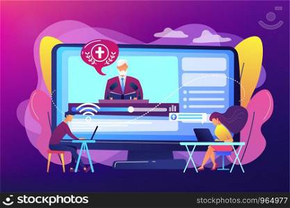 Tiny people, students listening to religious lecture online. Theological lectures, online religious lectures, religious studies course concept. Bright vibrant violet vector isolated illustration. Theological lectures concept vector illustration.