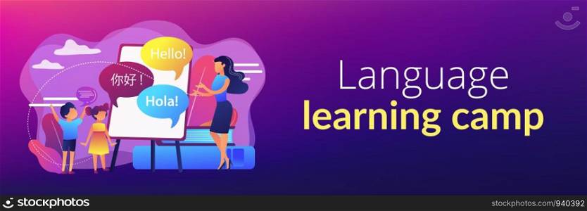 Tiny people, teacher and kids in camp learning English and Chinese. Language learning camp, summer language program, learn foreign languages concept. Header or footer banner template with copy space.. Language learning camp concept banner header.