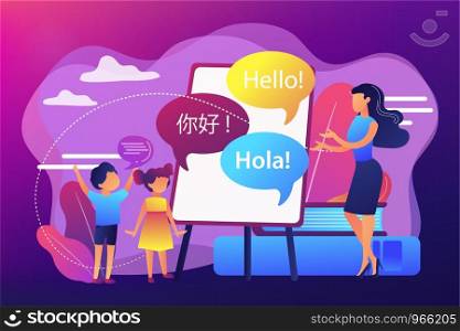 Tiny people, teacher and kids in camp learning English and Chinese. Language learning camp, summer language program, learn foreign languages concept. Bright vibrant violet vector isolated illustration. Language learning camp concept vector illustration.