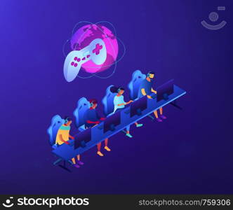Tiny people team of cybersport players in headsets playing electronic game online. Cybersport team, e-games tournament, top esports team concept. Ultraviolet neon vector isometric 3D illustration.. Cybersport team isometric 3D concept illustration.