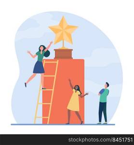 Tiny people trying to get golden star. Ladder, award, reward flat vector illustration. Competition and acknowledgement concept for banner, website design or landing web page