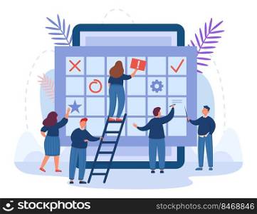 Tiny people using appointment calendar app for planning events. Male and female employees with online deadline reminder, planner schedule flat vector illustration. Time management, organizer concept. Tiny people using appointment calendar app for planning events