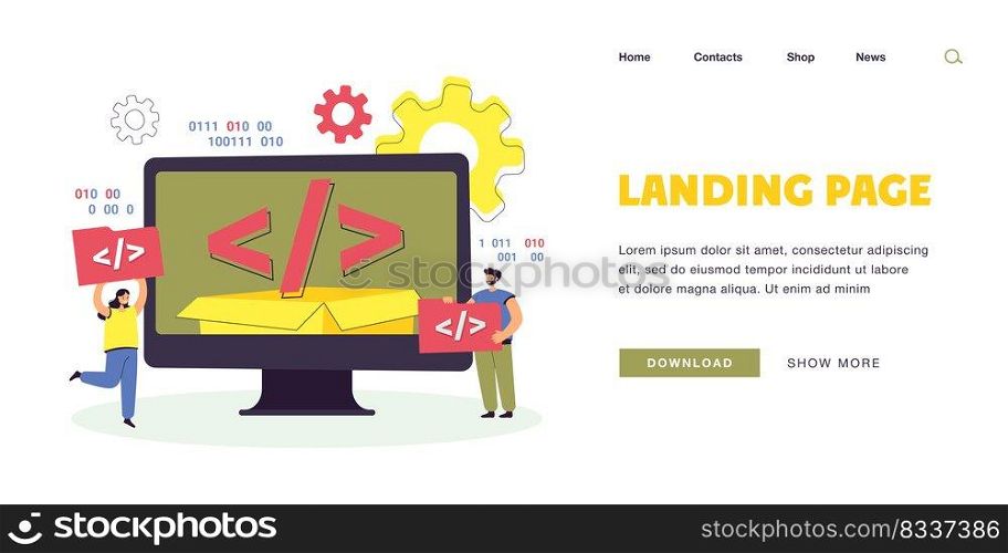 Tiny people using open source platform. Characters holding script elements, computer flat vector illustration. Software, programming, technology concept for banner, website design or landing web page