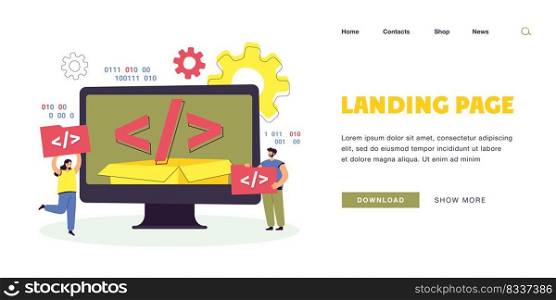 Tiny people using open source platform. Characters holding script elements, computer flat vector illustration. Software, programming, technology concept for banner, website design or landing web page