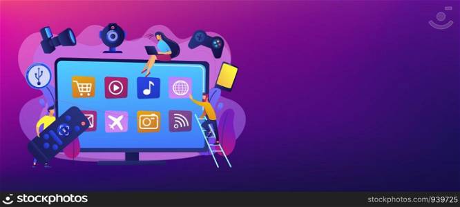 Tiny people using smart television connected to modern digital devices. Smart TV accessories, interractive TV entertainment, gaming TV tools concept. Header or footer banner template with copy space.. Smart TV accessories concept banner header.