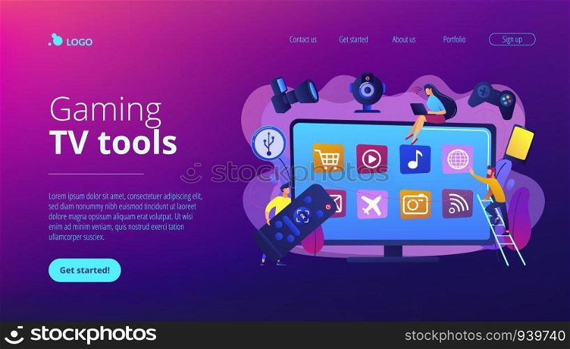 Tiny people using smart television connected to modern digital devices. Smart TV accessories, interractive TV entertainment, gaming TV tools concept. Website vibrant violet landing web page template.. Smart TV accessories concept landing page.