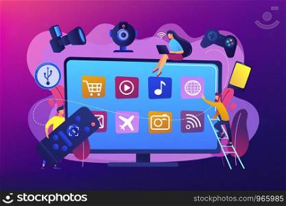 Tiny people using smart television connected to modern digital devices. Smart TV accessories, interractive TV entertainment, gaming TV tools concept. Bright vibrant violet vector isolated illustration. Smart TV accessories concept vector illustration.