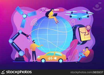 Tiny people using technological innovations, digital device. Technological revolution, modern scientific innovations, technological progress concept. Bright vibrant violet vector isolated illustration. Technological revolution concept vector illustration.