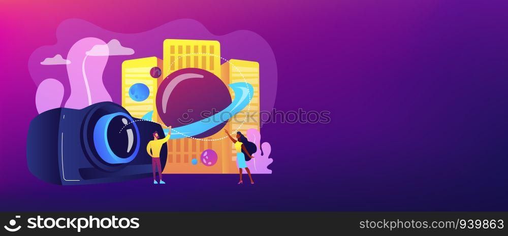 Tiny people video designers with camera and film creation and integration. Video design, projection design, scenic designer service concept. Header or footer banner template with copy space.. Video design concept banner header.
