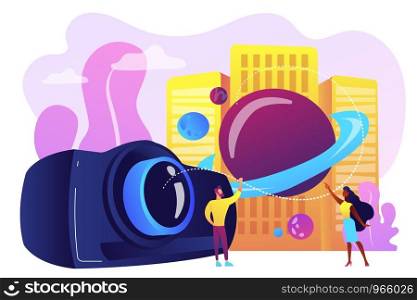 Tiny people video designers with camera and film creation and integration. Video design, projection design, scenic designer service concept. Bright vibrant violet vector isolated illustration. Video design concept vector illustration.