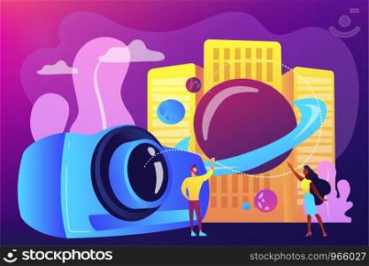 Tiny people video designers with camera and film creation and integration. Video design, projection design, scenic designer service concept. Bright vibrant violet vector isolated illustration. Video design concept vector illustration.