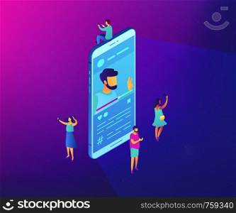 Tiny people vloggers recording video content for channel and blogger on big smartphone. Vlog, creating video content, video blogging concept. Ultraviolet neon vector isometric 3D illustration.. Vlog isometric 3D concept illustration.