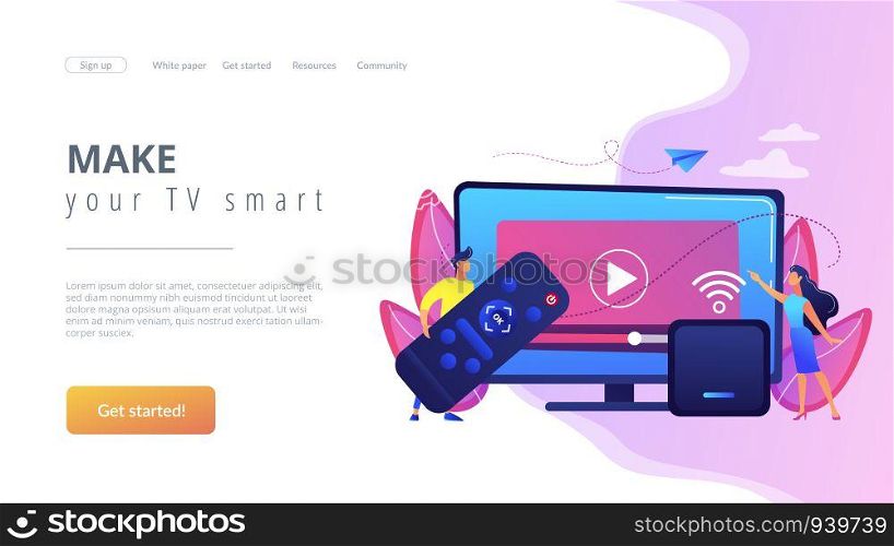 Tiny people watch video with remote control and television multimedia box. Smart TV box, smart tv console, make your TV smart concept. Website vibrant violet landing web page template.. Smart TV box concept landing page.