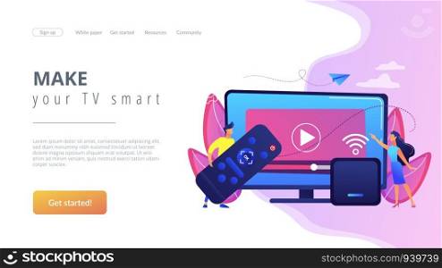 Tiny people watch video with remote control and television multimedia box. Smart TV box, smart tv console, make your TV smart concept. Website vibrant violet landing web page template.. Smart TV box concept landing page.