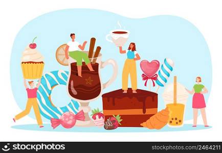 Tiny people with cake and bakery concept. Vector cake dessert huge and tiny people illustration, character with pastry cream food. Tiny people with cake and bakery concept
