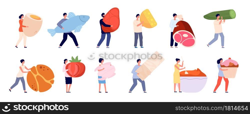 Tiny people with food. Flat foods, friends cooking garden vegetables. Female eating and products preparation, healthy dish vector. Mini character with fish and meat, fruit and vegetable illustration. Tiny people with food. Flat foods, friends cooking garden vegetables. Female eating and products preparation, healthy dish utter vector concept