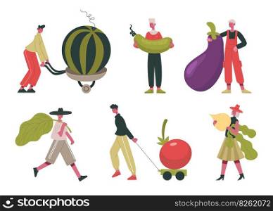 Tiny people with fruits and vegetables, farm organic healthy food illustration set. Female and male characters carrying raw food. Man and woman with veggies as tomato, eggplant, cucumber vector set. Tiny people with fruits and vegetables, farm organic healthy food illustration set. Female and male characters carrying raw food