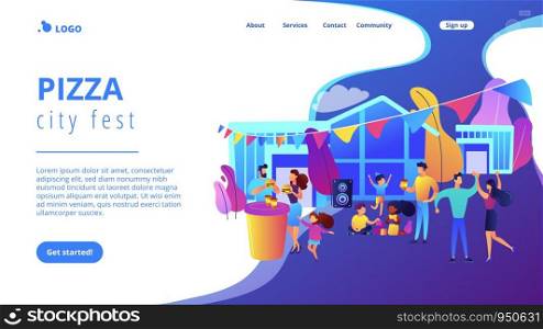 Tiny people with kids eating fast food and dancing, enjoying outdoor festival. Street party, pizza city fest, rib food festival concept. Website homepage landing web page template.. Street party concept vector illustration