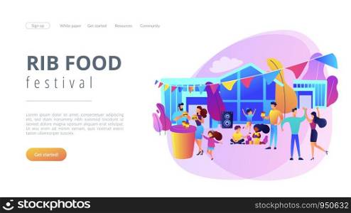 Tiny people with kids eating fast food and dancing, enjoying outdoor festival. Street party, pizza city fest, rib food festival concept. Website homepage landing web page template.. Street party concept vector illustration