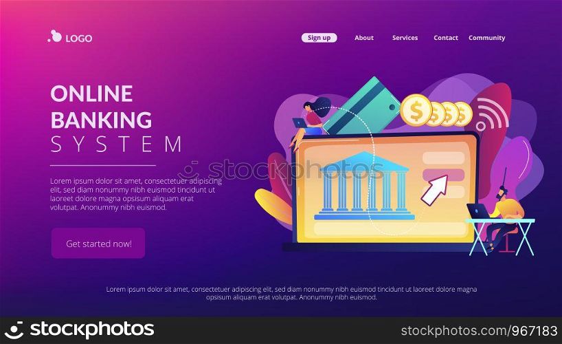 Tiny people with laptop and financial digital transformation. Open banking platform, online banking system, finance digital transformation concept. Website vibrant violet landing web page template.. Open banking platform concept landing page.
