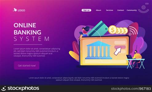 Tiny people with laptop and financial digital transformation. Open banking platform, online banking system, finance digital transformation concept. Website vibrant violet landing web page template.. Open banking platform concept landing page.