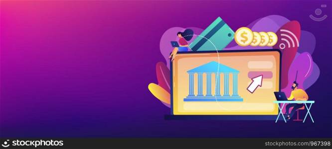 Tiny people with laptop and financial digital transformation. Open banking platform, online banking system, finance digital transformation concept. Header or footer banner template with copy space.. Open banking platform concept banner header.