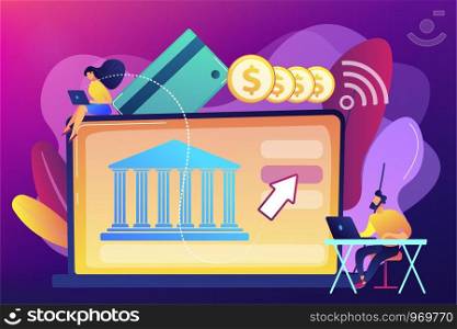 Tiny people with laptop and financial digital transformation. Open banking platform, online banking system, finance digital transformation concept. Bright vibrant violet vector isolated illustration. Open banking platform concept vector illustration.