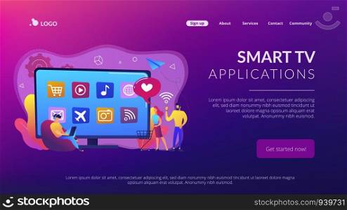 Tiny people with laptop, shopping cart using smart TV with apps. Smart TV applications, smart TV marketplace, television app development concept. Website vibrant violet landing web page template.. Smart TV applications concept landing page.
