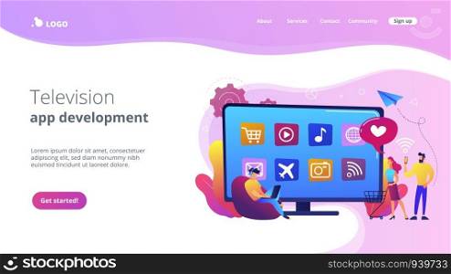 Tiny people with laptop, shopping cart using smart TV with apps. Smart TV applications, smart TV marketplace, television app development concept. Website vibrant violet landing web page template.. Smart TV applications concept landing page.
