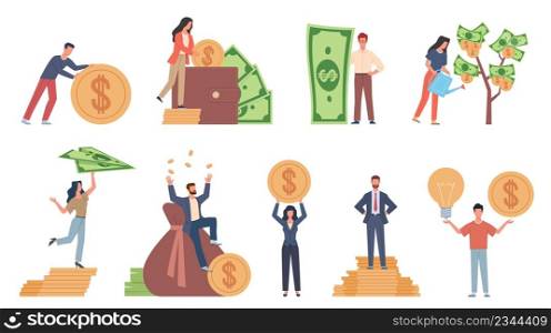 Tiny people with money. Budget elements, different poses persons, woman waters money tree, man rolls large coin, holding bill, millionaire on full bags, businessman with cash, vector cartoon flat set. Tiny people with money. Budget elements, different poses persons, woman waters money tree, man rolls large coin, holding bill, millionaire on full bags, businessman with cash, vector set