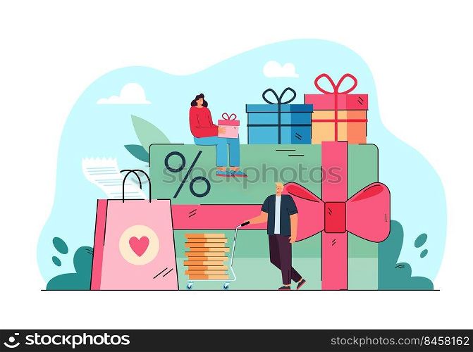 Tiny people with promotion gifts and card isolated flat vector illustration. Cartoon characters getting reward or bonus from store. Loyalty program and business solution concept