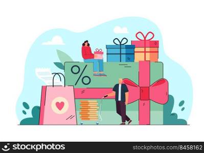 Tiny people with promotion gifts and card isolated flat vector illustration. Cartoon characters getting reward or bonus from store. Loyalty program and business solution concept