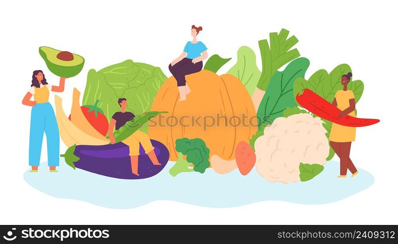Tiny people with vegetable and fruit. Female and male characters leading healthy lifestyle, eating organic and fresh food. Man and woman holding natural farm products with vitamins vector. 2203 S ST Tiny people with vegetable and fruit