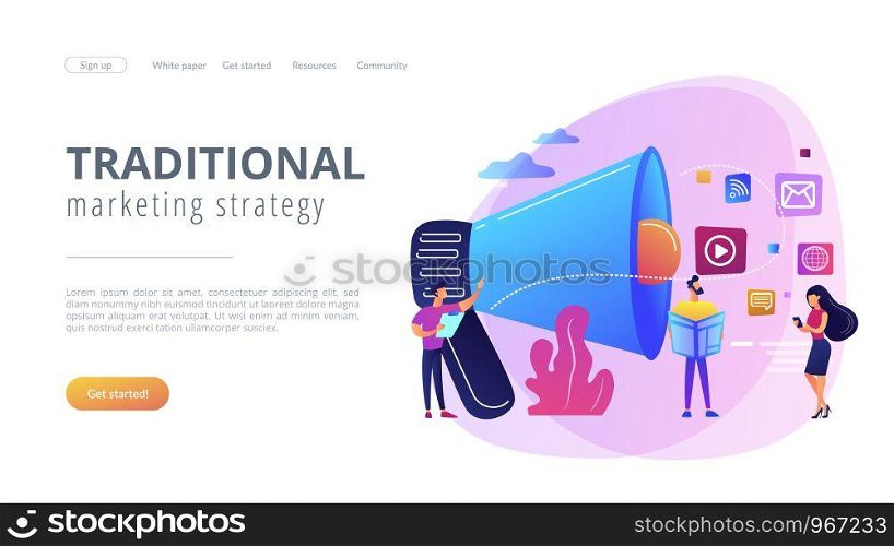 Tiny peple, marketing manager with megaphone and push advertising. Push advertising, traditional marketing strategy, interruption marketing concept. Website vibrant violet landing web page template.. Push advertising concept landing page.