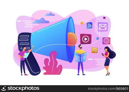 Tiny peple, marketing manager with megaphone and push advertising. Push advertising, traditional marketing strategy, interruption marketing concept. Bright vibrant violet vector isolated illustration. Push advertising concept vector illustration.