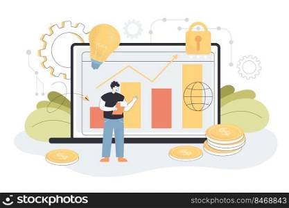 Tiny person with modern fintech or finance services method. Tablet for investing in startups or foreign currency online flat vector illustration. Economy, digital technology for business concept