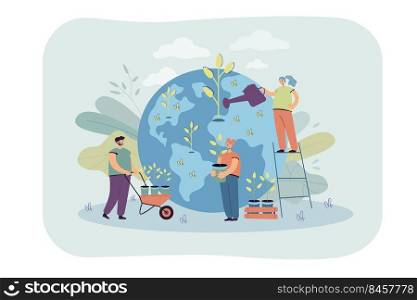 Tiny persons planting and watering trees together. Planet with green plants flat vector illustration. Agriculture, reforestation, ecology, teamwork concept for banner, website design or landing page