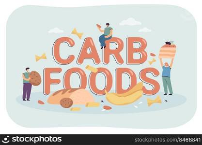 Tiny persons with unhealthy diet and carb foods sign. Delicious wheat food, snacks or junk flat vector illustration. Food, nutrition, health concept for banner, website design or landing web page