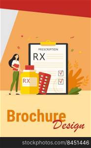 Tiny pharmacist standing near RX prescription flat vector illustration. Cartoon pharmaceutical specialist recommending painkillers to patient. Pharmacy and drugs concept