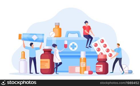 Tiny pharmacist with medicine drug pill, vitamin and bottle. Online pharmacy or drugstore with antibiotic. People healthcare vector concept. First aid box with tablets and remedy against illnesses. Tiny pharmacist with medicine drug pill, vitamin and bottle. Online pharmacy or drugstore with antibiotic. People healthcare vector concept