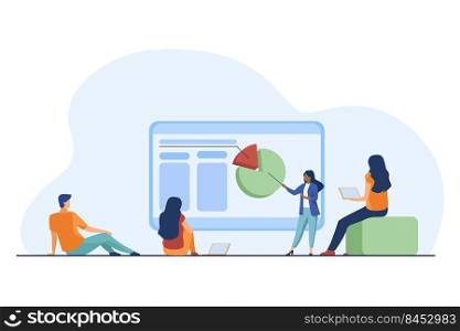 Tiny presenter explaining statistics to colleagues. Chart, laptop, coach flat vector illustration. Marketing and business concept for banner, website design or landing web page