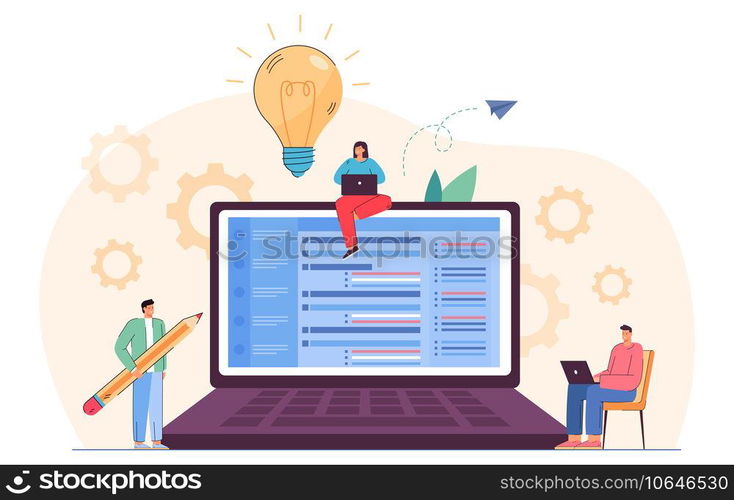Tiny programmers on big laptop writing script. Coders or app developers with computers flat vector illustration. Programming, engineering, software development concept for banner or landing web page