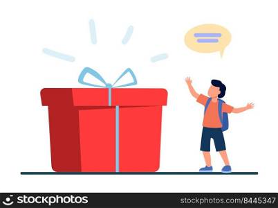 Tiny pupil standing near huge gift box. Present, surprise, boy flat vector illustration. Birthday and holiday concept for banner, website design or landing web page